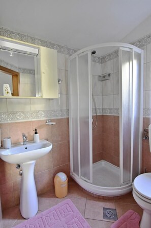 The bathroom has a sink and cabinet with a mirror, shower, and toilet.