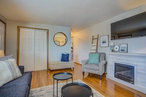 Relax with a 55in TV and enjoy your favorite streaming channels NETFLIX, HULU, Amazon video. The electronic fireplace with heat adds warmth to your stay.