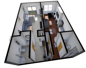 Overhead rendering: two separate entrances and two separate bathrooms