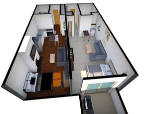 Digital rendering of both studios with an internal door btwn, patio & fireplace