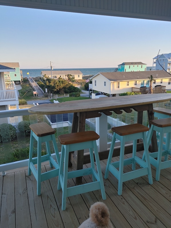 surf board table for morning coffee and evening dinners. we have so enjoyed it