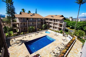 Beautiful pool area with hot tub and loungers