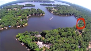 Aerial view of Six Pound Creek with house location marked in red. 