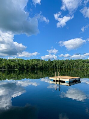 Our spring fed lake is crystal clear, no wake, and perfect for swimming all day!