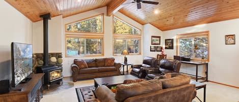 Living room with Smart TV, fireplace, and board games