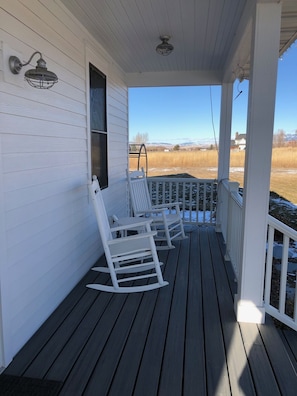 Rocking chairs on the front porch for viewing eagles, ducks, owls and geese.