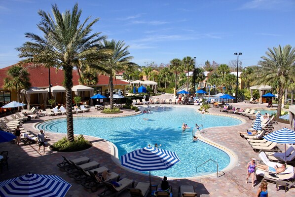 2 Huge swimming POOLs with loungers, umbrellas and tables