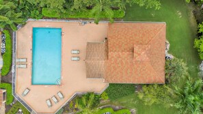 An overhead aerial photo of the community pool