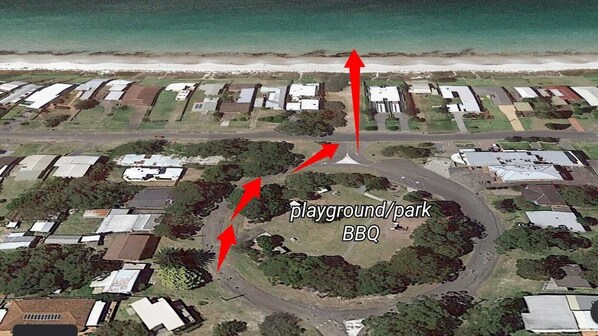 100m from the white sandy beach!
Park & playground across the road with BBQ.