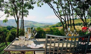 Outdoor furniture on the terrace facing southwest and the Sibilini Mountain
