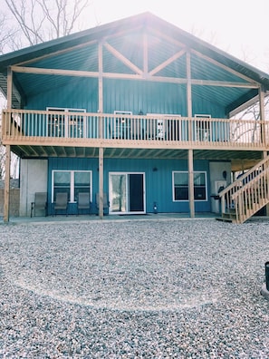 Outside view of the Bunkhouse, upper deck and lower patio.