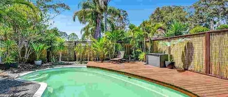 The saltwater pool now has sunlounges and floating toys to enjoy
