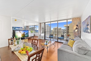 Overview of the living room with smart TV and Window AC