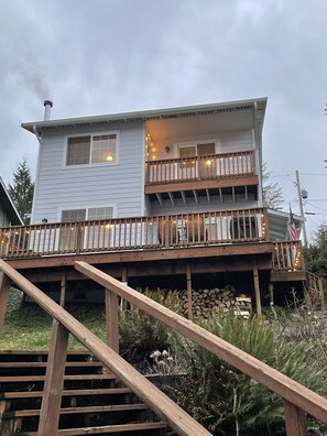 Home sits on a hill - three flights of stairs to dock and lake.