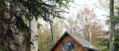 Front view of cabin from the fire pit by the beach.