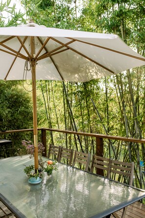 Sunshine Coast accommodation, dining deck with BBQ, screened by beautiful bamboo