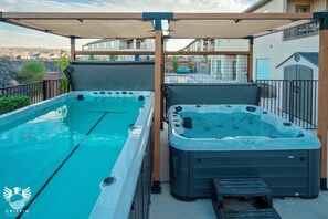 Swim spa and hot tub in shared backyard