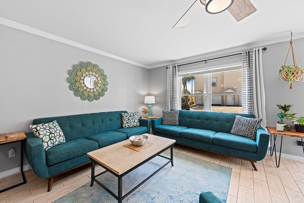2 Sofas and a chair provide seating for large groups 