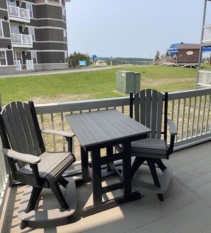 Enjoy the new 7'x7' galvanized steel deck with seating for two people!