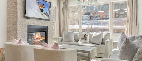 Chic living room with views of Eagle River.