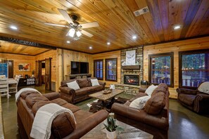 3 large and comfy couches to relax by the fire or watch a movie.