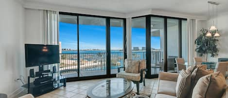 Living Room with Queen Size Sleeper Sofa and Floor to Ceiling Views