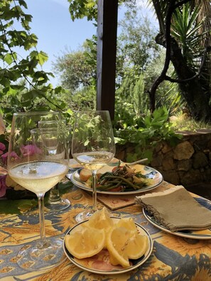 Lunch or dinner under the pergola is easy and comfortable - sea views of course!