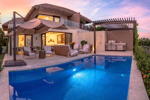 Pool with evening lighting