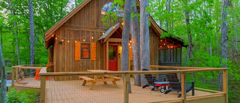 Spacious deck with string lights