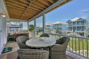 Comfortable seating outside, underneath one of the many covered patios 