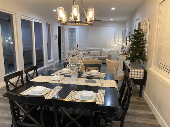 Massive square farmhouse table for entertainment and dining