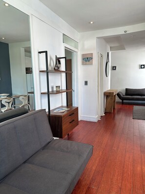 Very comfortable CB2 sofa bed in living room