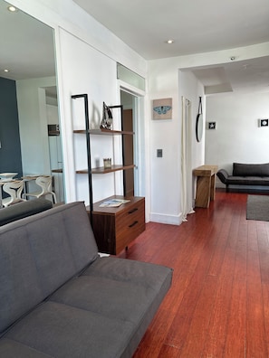 Very comfortable CB2 sofa bed in living room