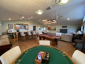 Game room poker/card table, shuffle board and dart board
