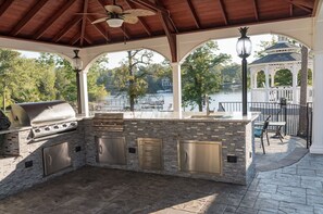 Outdoor kitchen with 2 grills, 2 fire pits and seating areas