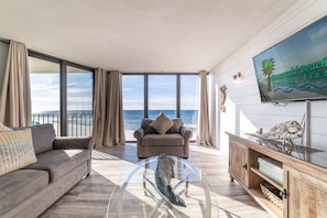 This spacious 2 bedroom, 2 bathroom + bunk area condo features a king sized bed, bunk beds, two full beds, and a queen sized sofa sleeper