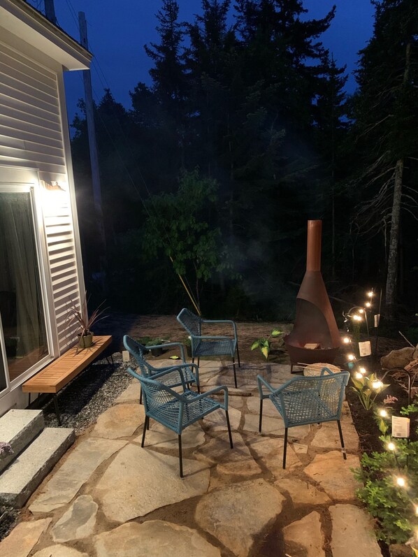 Back patio at night - great for fires, smores, and cocktails.