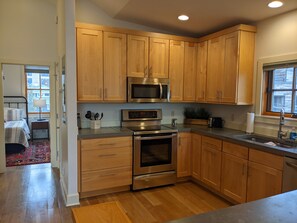 There is a half bath on the left just before the master bedroom.