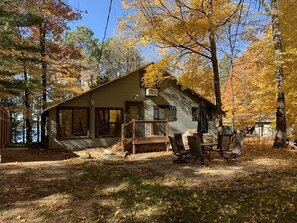 Front view of cabin and patio