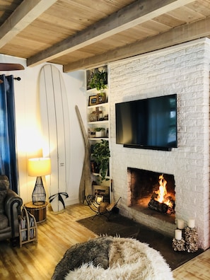 Indoor wood burning fireplace