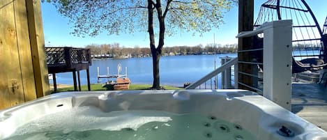 6 person hot tub with a gorgeous view of the lake 