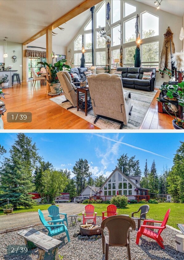 Main dining room and living room.  Outdoor fire pit.