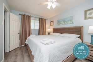 Sleep better at Padre Escapes with our exclusive Clean Bed Promise; providing fresh linens, comforters, and towels washed at high temperatures exceeding CDC recommendations, setting us apart for a truly restful vacation