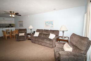 Flowing kitchen, dining, and living area