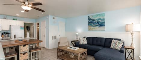 Newly remodeled living space with comfy furnishings