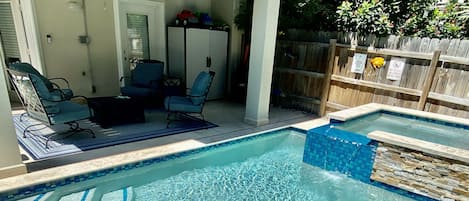 Pool, Hot tub, patio area.
