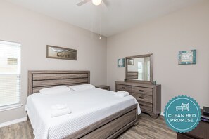 Sleep better at Padre Escapes with our exclusive Clean Bed Promise; providing fresh linens, comforters, and towels washed at high temperatures exceeding CDC recommendations, setting us apart for a truly restful vacation