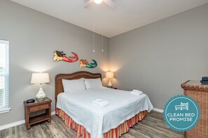 Sleep better at Padre Escapes with our exclusive Clean Bed Promise; providing fresh linens, comforters, and towels washed at high temperatures exceeding CDC recommendations, setting us apart for a truly restful vacation