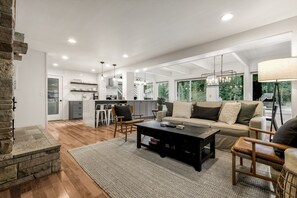 The great room includes a comfortable living area