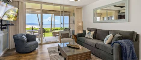 Spacious living room with ocean views